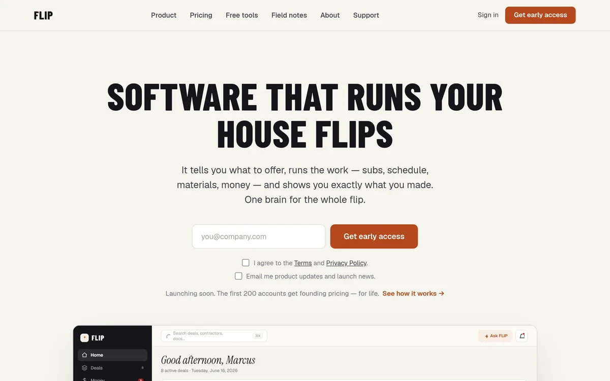 FLIP — House-Flipping Operations Platform — screenshot of the live site