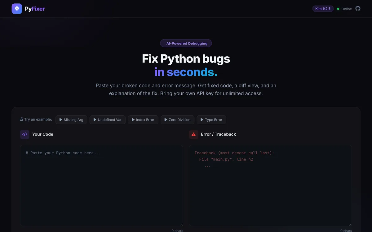PyFixer — screenshot of the live product